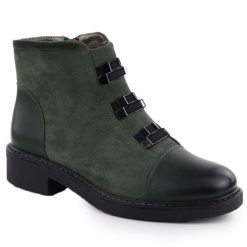 Botki damskie zamszowe ocieplane zielone M.Daszyński SA252-4. Zielone botki M.Daszyński, bez wzorów, ze skóry ekologicznej, eleganckie, bez obcasa, bez zapięcia. Za 99.99 zł.
