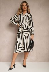 Czarna Sukienka z Wiskozą o Koszulowym Kroju w Geometryczny Print Ninatria. Czarne sukienki Renee, na co dzień, l, bez wzorów, z wiskozy, eleganckie, bez kołnierzyka, bez ramiączek, midi, koszulowe. W wyprzedaży za 107.99 zł.