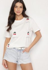 Biały Bawełniany T-shirt Zdobiony Haftem z Motywem w Wiśnie Nevianira. Białe t-shirty Born2be, m, z aplikacjami, z bawełny, bez kołnierzyka, bez ramiączek. Za 49.99 zł.