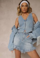 Niebieskie Spódnico-Szorty Jeansowe Zdobione Przetarciem Galirela. Niebieskie szorty Renee, z aplikacjami, z jeansu, eleganckie. W wyprzedaży za 59.99 zł.