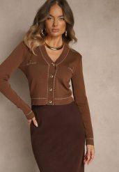 Brązowy Kardigan Xoc. Brązowe swetry Renee, bez wzorów, eleganckie, bez ramiączek. Za 119.99 zł.