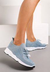 Jasnoniebieskie Buty Sportowe z Metaliczną Nitką i Gumką ze Stoperem Qiliara. Niebieskie buty sportowe lifestyle Born2be, bez wzorów, bez zapięcia. Za 99.99 zł.