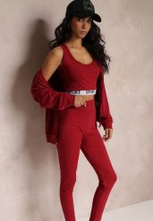 Czerwony 3-częściowy Komplet Legginsy z Gumką w Talii z Topem i Bluzą z Kapturem Lineta. Czerwone bluzy Renee, m, bez wzorów, bez ramiączek, z kapturem. W wyprzedaży za 67.99 zł.