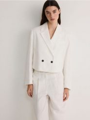 Marynarka z lnem i wiskozą - biały. Białe marynarki i żakiety Reserved, bez wzorów, z tkaniny, bez ramiączek. W wyprzedaży za 65.99 zł.