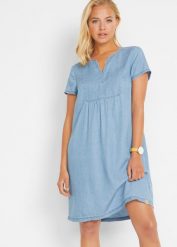 Sukienka dżinsowa TENCEL™ Lyocell. Niebieskie sukienki bonprix, bez wzorów, z lyocellu, eleganckie, bez kołnierzyka, bez ramiączek. Za 109.99 zł.