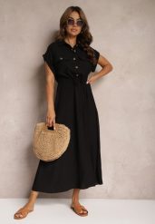 Czarna Sukienka z Wiskozy o Rozkloszowanym Kroju z Gumką w Pasie i Napami Memvia. Czarne sukienki Renee, na co dzień, l, bez wzorów, z wiskozy, eleganckie, bez kołnierzyka, bez ramiączek, maxi, kopertowe. W wyprzedaży za 99.99 zł.