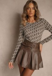 Biało-Brązowa Bluzka Longsleeve z Bawełny Ozdobiony Literowym Wzorem Javelina. Białe bluzki Renee, l, bez wzorów, z bawełny, eleganckie, bez kołnierzyka, bez ramiączek. Za 49.99 zł.