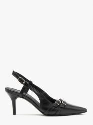 Czółenka slingback z dekoracyjnymi paskami. Czarne czółenka Ryłko, bez wzorów, z gumy, bez obcasa, na szpilce, bez zapięcia. Za 429.99 zł.