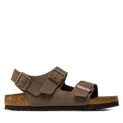 Sandały Birkenstock. Brązowe sandały Birkenstock, bez wzorów, bez obcasa, na płaskiej podeszwie, bez zapięcia. Za 499.99 zł.