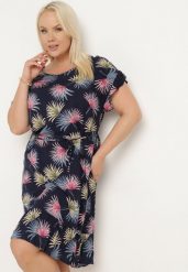 Granatowo-Różowa Bawełniana Sukienka z Florystycznym Motywem i Wiązaniem w Talii Rissani. Niebieskie sukienki Born2be, l, bez wzorów, z bawełny, bez kołnierzyka, bez ramiączek, midi. Za 69.99 zł.