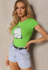 Jasnozielony T-shirt z Bawełny z Ozdobnym Nadrukiem Janesto. Zielone t-shirty Renee, m, bez wzorów, z bawełny, bez kołnierzyka, bez ramiączek. W wyprzedaży za 35.99 zł.