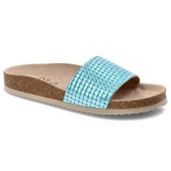 Turkusowe Klapki Yokono Stylowe Obuwie Damskie. Niebieskie klapki Yokono, bez wzorów, ze skóry, eleganckie, bez obcasa, bez zapięcia. Za 99.99 zł.