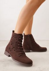 Brązowe Sznurowane Botki z Ażurową Cholewką Zeliana. Brązowe botki Born2be, w ażurowe wzory, z jeansu, klasyczne, bez obcasa, na płaskiej podeszwie, bez zapięcia. Za 119.99 zł.