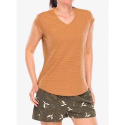 Koszulka turystyczna damska Royal Robbins Vacationer V-Neck SS. Brązowe t-shirty sportowe ROYAL ROBBINS, bez wzorów, bez ramiączek. Za 245.99 zł.
