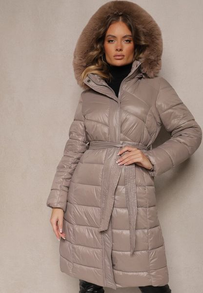 Beżowa Długa Kurtka Pikowana z Odpinanym Kapturem Ozdobionym Futerkiem i Paskiem Iveleti. Brązowe kurtki Renee, l, bez wzorów, z jeansu, eleganckie. Za 169.99 zł.