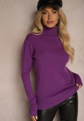 Ciemnofioletowy Golf Sweter o Dopasowanym Kroju z Kaszmirem Zairith. Fioletowe swetry Renee, z aplikacjami, z jeansu, biznesowe, bez ramiączek. Za 89.99 zł.