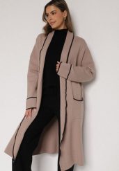 Beżowy Długi Niezapinany Kardigan Ozdobiony Lamówką Veritusa. Brązowe swetry Born2be, uniwersalny, bez wzorów, z jeansu, klasyczne, bez ramiączek. Za 119.99 zł.