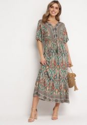 Zielono-Brązowa Sukienka Maxi z Wiskozy w Stylu Boho z Wzorem Paisley i Gumką w Pasie Naroli. Zielone sukienki Born2be, na spacer, l, bez wzorów, z wiskozy, boho, bez kołnierzyka, bez ramiączek, maxi. W wyprzedaży za 76.49 zł.