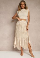 Beżowa Spódnica o Rozkloszowanym Kroju z Błyszczącą Nitką Lumorisse. Brązowe spódnice Renee, na co dzień, l, bez wzorów, eleganckie, maxi, proste. W wyprzedaży za 75.99 zł.