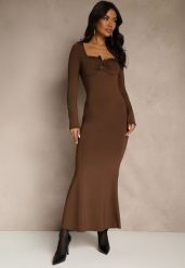 Brązowa Sukienka Koktajlowa z Wiskozą Ozdobiona Metaliczną Aplikacją Refane. Brązowe sukienki Renee, na imprezę, s, z aplikacjami, z wiskozy, bez kołnierzyka, bez ramiączek, maxi. Za 139.99 zł.