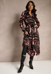 Czarno-Czerwona Koszulowa Sukienka o Rozkloszowanym Kroju z Gumką w Talii w Abstrakcyjny Print Tinnelittia. Czarne sukienki Renee, na co dzień, l, bez wzorów, eleganckie, bez kołnierzyka, bez ramiączek, koszulowe. W wyprzedaży za 151.99 zł.