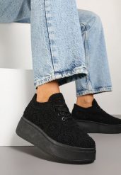 Czarne Szydełkowe Sneakersy Typu Tenisówki na Platformie Filalena. Czarne trampki Renee, bez wzorów, z jeansu, eleganckie, bez zapięcia. W wyprzedaży za 75.99 zł.