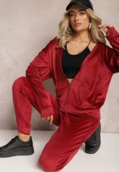 Bordowy Welurowy Komplet Dresowy 2-Częściowy z Bluzą z Kapturem i Spodniami Fiksena. Czerwone bluzy Renee, xl, bez wzorów, z dresówki, bez ramiączek, z kapturem. W wyprzedaży za 63.99 zł.