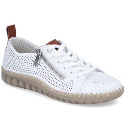 Skórzane półbuty damskie ażurowe białe Rieker N2405-80. Białe półbuty wsuwane Filippo, w ażurowe wzory, ze skóry, bez obcasa. Za 369.00 zł.