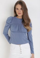 Niebieska Bluzka Asileia. Niebieskie bluzki Born2be, s, bez wzorów, z bawełny, bez kołnierzyka, bez ramiączek. W wyprzedaży za 46.74 zł.