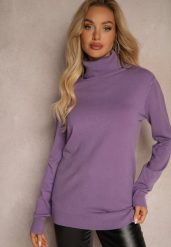 Fioletowy Klasyczny Golf Longsleeve z Dodatkiem Wiskozy Leriona. Fioletowe swetry Renee, s, bez wzorów, z jeansu, eleganckie, bez ramiączek. W wyprzedaży za 39.99 zł.