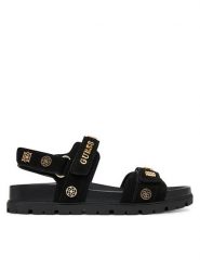 Guess Sandały FLPFLO ESU03 Czarny. Czarne sandały Guess, z aplikacjami, z materiału, bez obcasa, na płaskiej podeszwie, bez zapięcia. Za 549.99 zł.