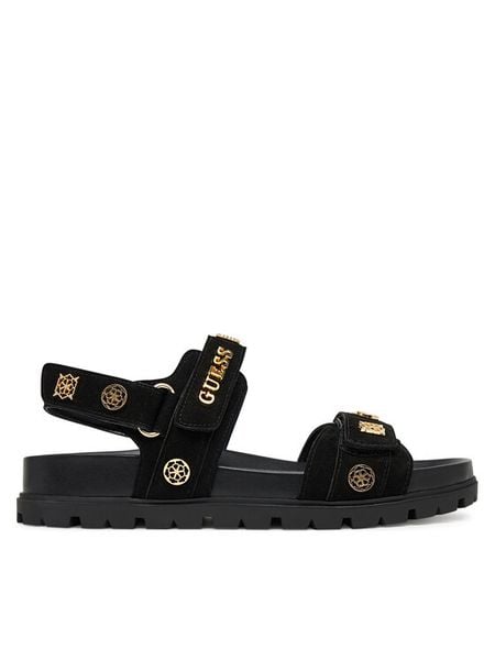 Guess Sandały FLPFLO ESU03 Czarny. Czarne sandały Guess, z aplikacjami, z materiału, bez obcasa, na płaskiej podeszwie, bez zapięcia. Za 549.99 zł.