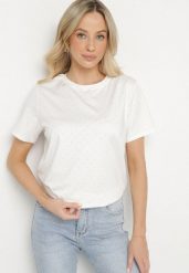 Biały T-shirt z Wiskozą i Cyrkoniami Sanistria. Białe t-shirty Born2be, l, bez wzorów, z jeansu, klasyczne, bez kołnierzyka, bez ramiączek. Za 119.99 zł.
