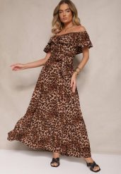 Brązowa Rozkloszowana Sukienka Hiszpanka z Gumką w Talii w Panterkowy Wzór Hiterta. Brązowe sukienki Renee, na co dzień, l, bez wzorów, eleganckie, bez kołnierzyka, bez ramiączek, maxi, rozkloszowane. W wyprzedaży za 55.99 zł.