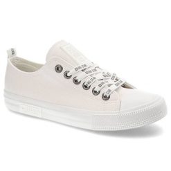 Trampki damskie Big Star, cholewka z materiału tekstylnego o płóciennej strukturze z klasycznym sznurowaniem i metalowymi przelotkam, biały, KK274105. Białe trampki BIG STAR, bez wzorów, z dresówki, klasyczne, bez zapięcia. Za 110.99 zł.