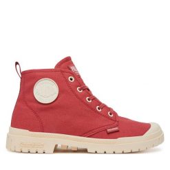 Trapery Palladium. Czerwone traperki Palladium, bez wzorów, bez obcasa, bez zapięcia. Za 269.99 zł.