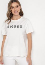 Biały T-shirt z Bawełny Ozdobiony Haftowanym Napisem z Cekinami Marisiana. Białe t-shirty Born2be, m, bez wzorów, z bawełny, glamour, bez kołnierzyka, bez ramiączek. Za 49.99 zł.