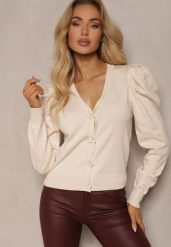 Beżowy Rozpinany Kardigan z Wiskozą Ozdobiony Guzikami Kwiatkami Enarine. Brązowe swetry Renee, uniwersalny, bez wzorów, z jeansu, eleganckie, bez ramiączek. W wyprzedaży za 111.99 zł.