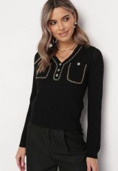 Czarny Sweter w Stylu Retro z Ozdobnym Łańcuszkiem Elioraca. Czarne swetry Born2be, na zimę, bez wzorów, retro, bez ramiączek. W wyprzedaży za 50.99 zł.