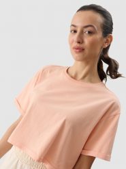 4F T-shirt crop top z nadrukiem damski - koralowy M. Czerwone t-shirty 4f, m, bez wzorów, z bawełny, sportowe, bez kołnierzyka, bez ramiączek. Za 39.99 zł.