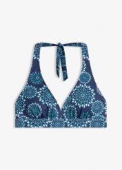 Biustonosz bikini z dekoltem typu halter w serek. Niebieskie bikini bonprix, bez wzorów. Za 72.99 zł.