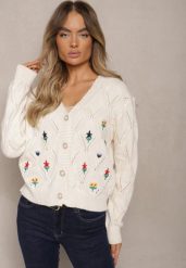 Jasnobeżowy Kardigan z Dodatkiem Wełny z Naszywkami w Kształcie Kwiatów Gatina. Brązowe swetry Renee, l, z aplikacjami, z jeansu, eleganckie, bez ramiączek. W wyprzedaży za 79.99 zł.