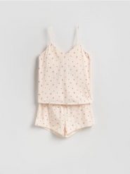 Dwuczęściowa piżama z bawełny - kremowy. Białe piżamy Reserved, l, bez wzorów, z bawełny, bez kołnierzyka, bez ramiączek. Za 69.99 zł.