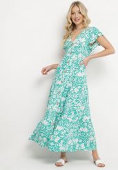 Miętowa Rozkloszowana Sukienka Maxi z Luźnym Rękawem w Kwiatowy Print Oxeria. Zielone sukienki Born2be, m, bez wzorów, bez kołnierzyka, bez ramiączek, maxi, rozkloszowane. Za 109.99 zł.