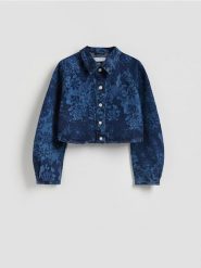 Krótka kurtka jeansowa - granatowy. Niebieskie kurtki Reserved, l, bez wzorów, z bawełny, bez kaptura. Za 199.99 zł.