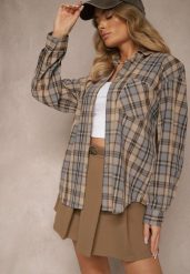 Beżowa Bawełniana Koszula w Kratę z Pojedynczą Kieszonką Annisen. Brązowe koszule Renee, l, bez wzorów, z bawełny, eleganckie, bez kołnierzyka, bez ramiączek. W wyprzedaży za 45.49 zł.