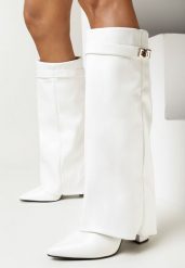 Białe Kozaki ze Szpiczastym Noskiem i Wywiniętą Cholewką Quirina. Białe kozaki Born2be, na zimę, bez wzorów, z materiału, klasyczne, ze szpiczastym noskiem, bez obcasa, na obcasie, bez zapięcia. Za 199.99 zł.