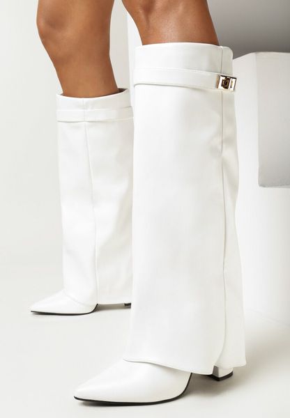 Białe Kozaki ze Szpiczastym Noskiem i Wywiniętą Cholewką Quirina. Białe kozaki Born2be, na zimę, bez wzorów, z materiału, klasyczne, ze szpiczastym noskiem, bez obcasa, na obcasie, bez zapięcia. Za 199.99 zł.