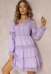 Fioletowa Rozkloszowana Sukienka Mini z Ozdobnym Dekoltem z Koronką Eudovana. Fioletowe sukienki Renee, na imprezę, m, bez wzorów, z koronki, bez kołnierzyka, bez ramiączek, mini, rozkloszowane. Za 249.99 zł.