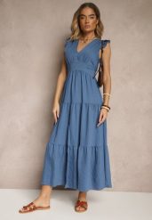 Niebieska Sukienka z Wiskozy Ozdobiona Falbankami Sadovene. Niebieskie sukienki Renee, na co dzień, m, bez wzorów, z wiskozy, eleganckie, bez kołnierzyka, bez ramiączek, maxi. W wyprzedaży za 63.99 zł.
